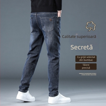 Blugi bărbați drept croi, cu fleece, denim gros, micro-elastic, talie medie (Iarna 2025)