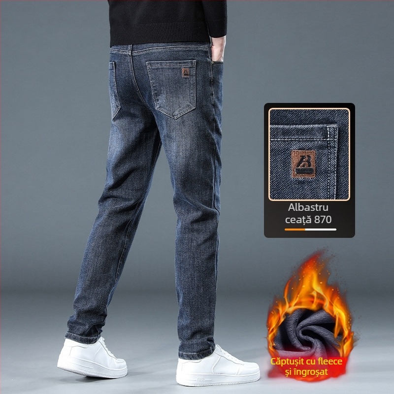 Blugi bărbați drept croi, cu fleece, denim gros, micro-elastic, talie medie (Iarna 2025)