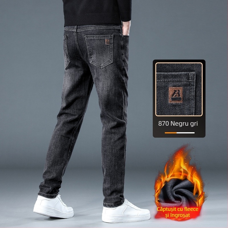 Blugi bărbați drept croi, cu fleece, denim gros, micro-elastic, talie medie (Iarna 2025)