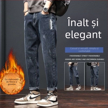 Blugi pentru bărbați din denim, căptușiți cu fleece, croială dreapta-taper, talie medie, fermoar, denim din bumbac