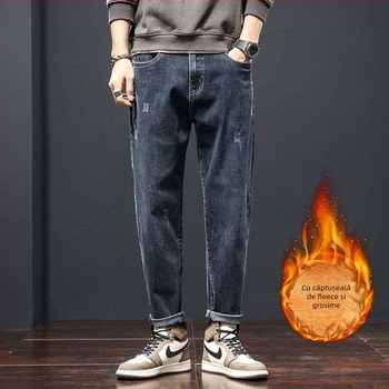 Blugi pentru bărbați din denim, căptușiți cu fleece, croială dreapta-taper, talie medie, fermoar, denim din bumbac