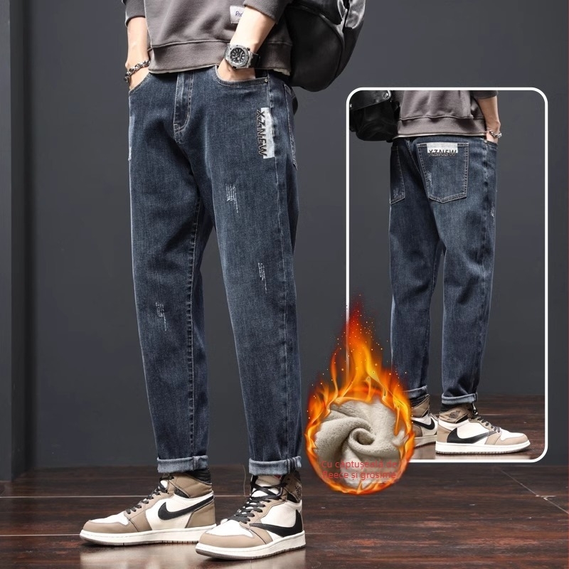 Blugi pentru bărbați din denim, căptușiți cu fleece, croială dreapta-taper, talie medie, fermoar, denim din bumbac
