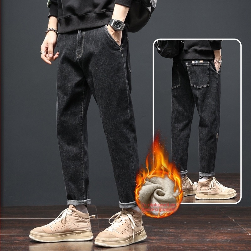 Blugi pentru bărbați din denim, căptușiți cu fleece, croială dreapta-taper, talie medie, fermoar, denim din bumbac