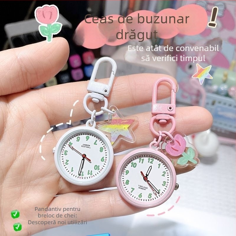 Ceas de buzunar pentru breloc cu stil desen animat, afișaj analog cu cifre, mișcare cuarț, carcasă și curea din plastic, decor luminescent în întuneric (pentru examene)