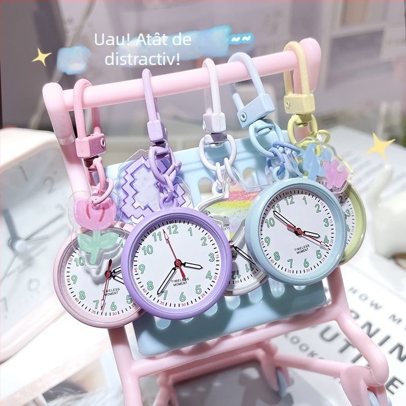 Ceas de buzunar pentru breloc cu stil desen animat, afișaj analog cu cifre, mișcare cuarț, carcasă și curea din plastic, decor luminescent în întuneric (pentru examene)