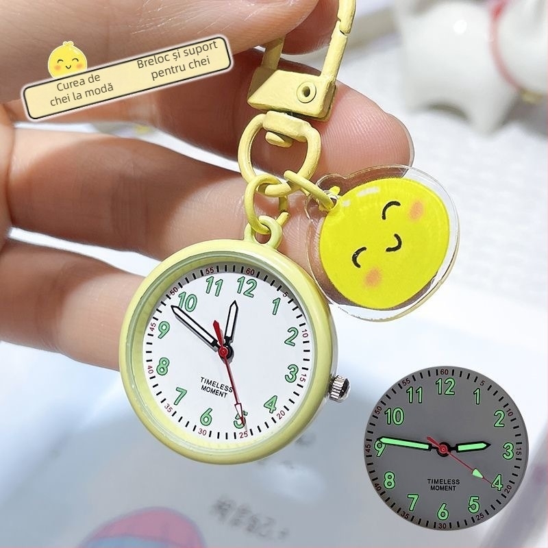 Ceas de buzunar pentru breloc cu stil desen animat, afișaj analog cu cifre, mișcare cuarț, carcasă și curea din plastic, decor luminescent în întuneric (pentru examene)
