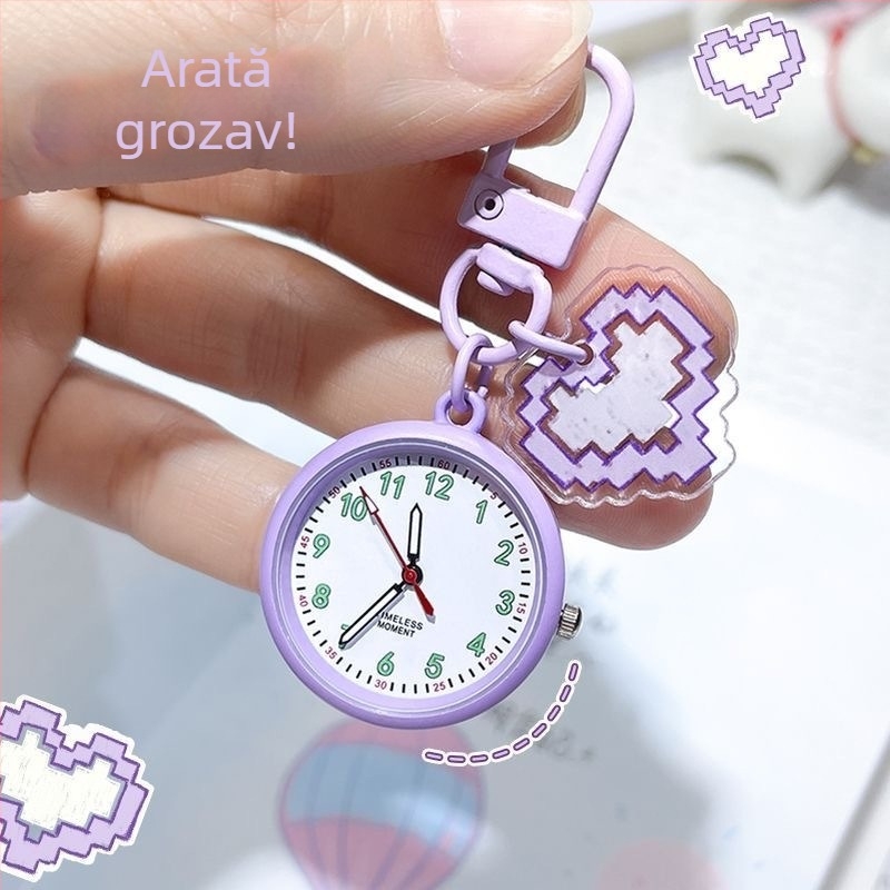 Ceas de buzunar pentru breloc cu stil desen animat, afișaj analog cu cifre, mișcare cuarț, carcasă și curea din plastic, decor luminescent în întuneric (pentru examene)