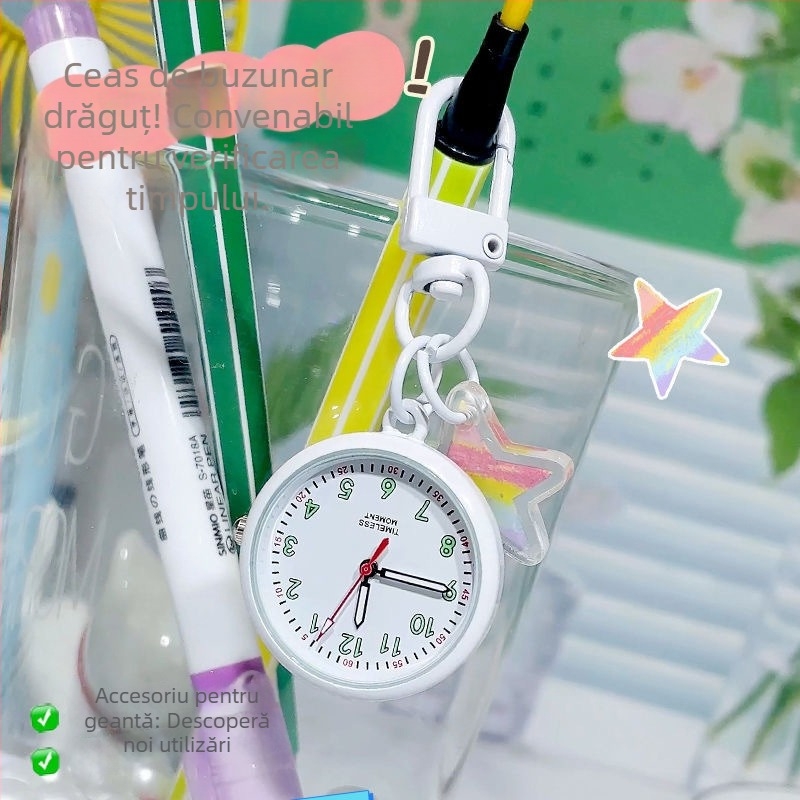 Ceas de buzunar pentru breloc cu stil desen animat, afișaj analog cu cifre, mișcare cuarț, carcasă și curea din plastic, decor luminescent în întuneric (pentru examene)