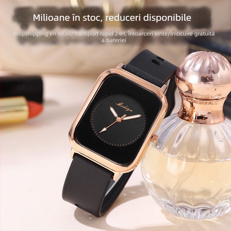 Ceas de damă cu cadran dreptunghiular și curea din silicon, model GJ084, mișcare Morning Dragon, carcasă din aliaj de zinc, sticlă minerală