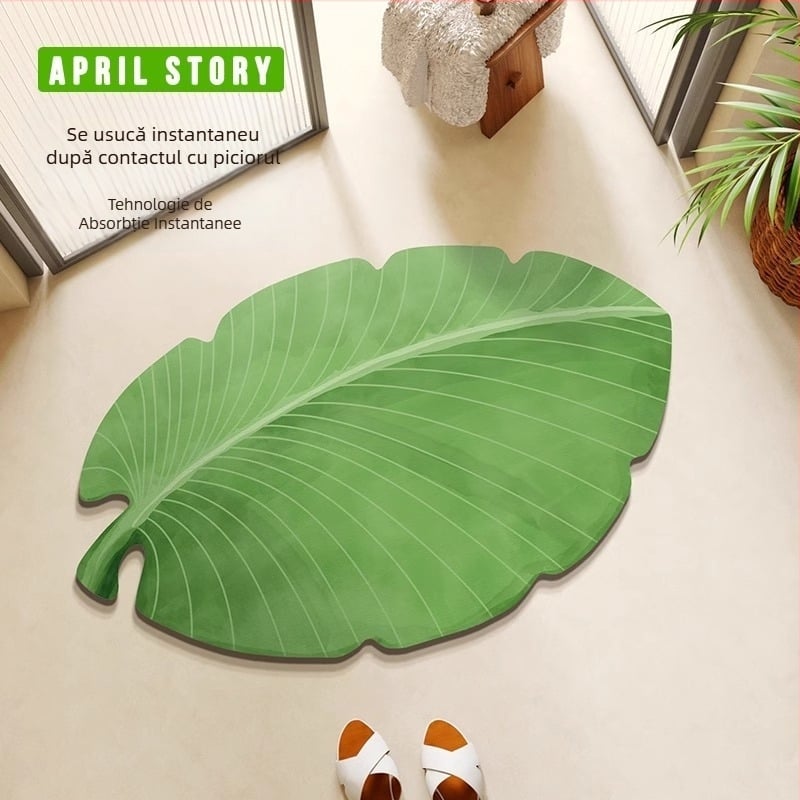 Covoraș de baie în formă de frunză de banan, din lut diatomic, absorbind umezeala, uscare rapidă, antiderapant, pentru baie, duș și chiuvetă, cu model de plante și flori