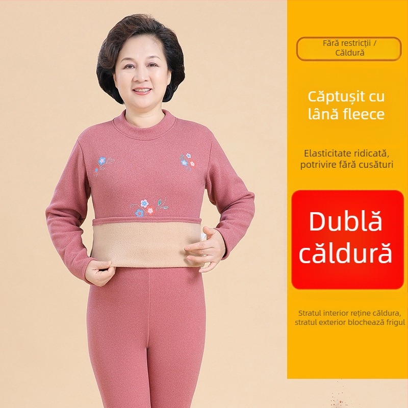 Derong set de lenjerie termică pentru femei vârstnice – top cu guler semi‑înalt, căptușit cu fleece, gros, pantaloni
