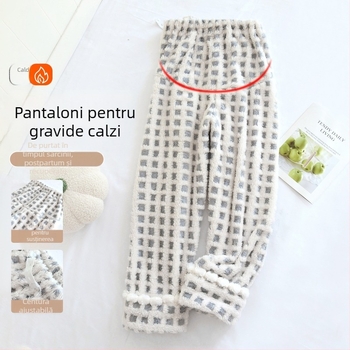 Pantaloni de dormit pentru mame din coral fleece, talie înaltă, ajustabili, lungi, pentru iarnă