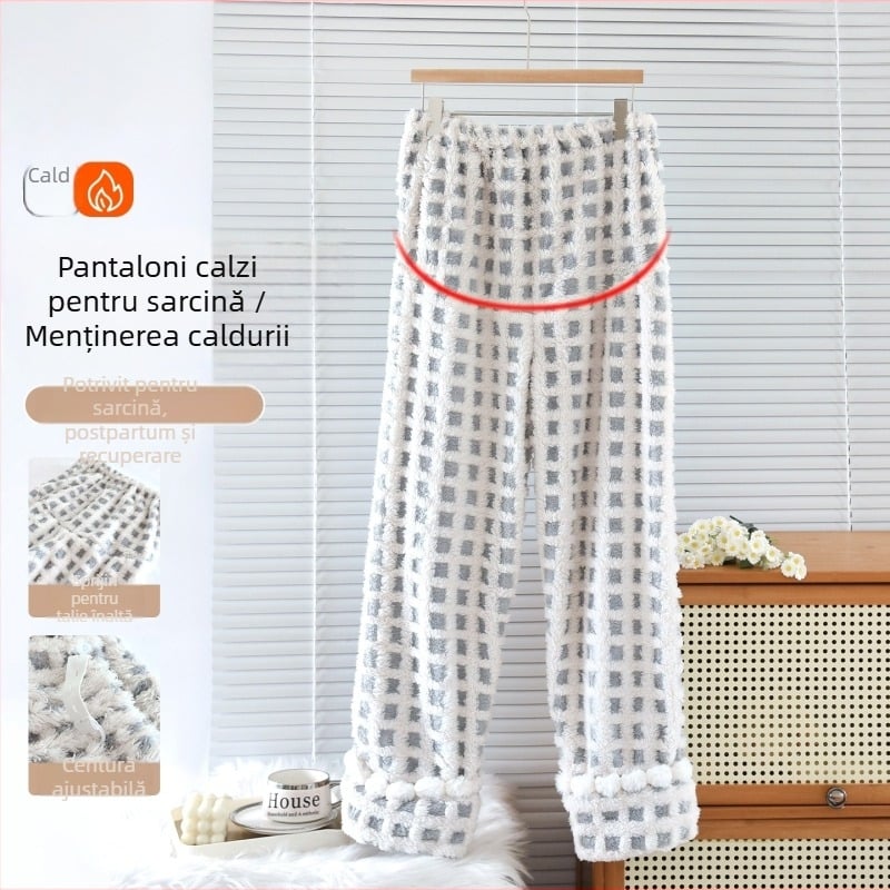 Pantaloni de dormit pentru mame din coral fleece, talie înaltă, ajustabili, lungi, pentru iarnă