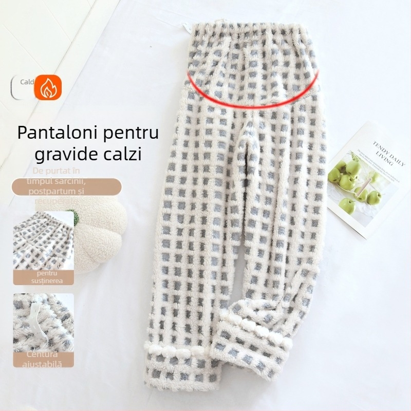 Pantaloni de dormit pentru mame din coral fleece, talie înaltă, ajustabili, lungi, pentru iarnă