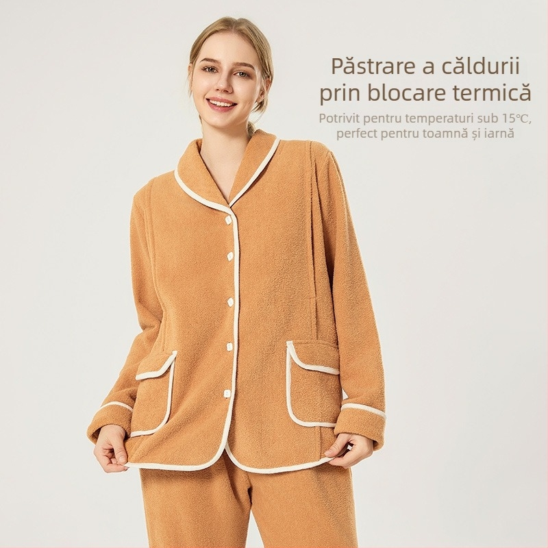 Set de pijamale pentru gravide — catifea parțială, 100% poliester, top cu mânecă lungă + pantaloni, îmbrăcăminte de acasă pentru alăptare, toamnă-iarnă