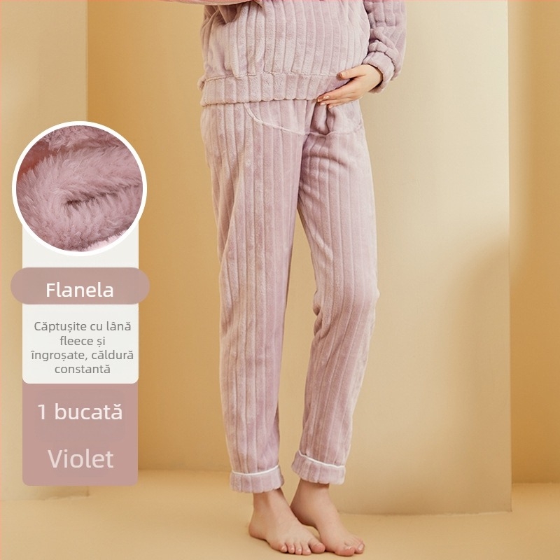Pantaloni de maternitate cu căptușeală din fleece, flanel gros, talie reglabilă, confortabili pentru toamnă și iarnă, pentru uz casnic și în exterior