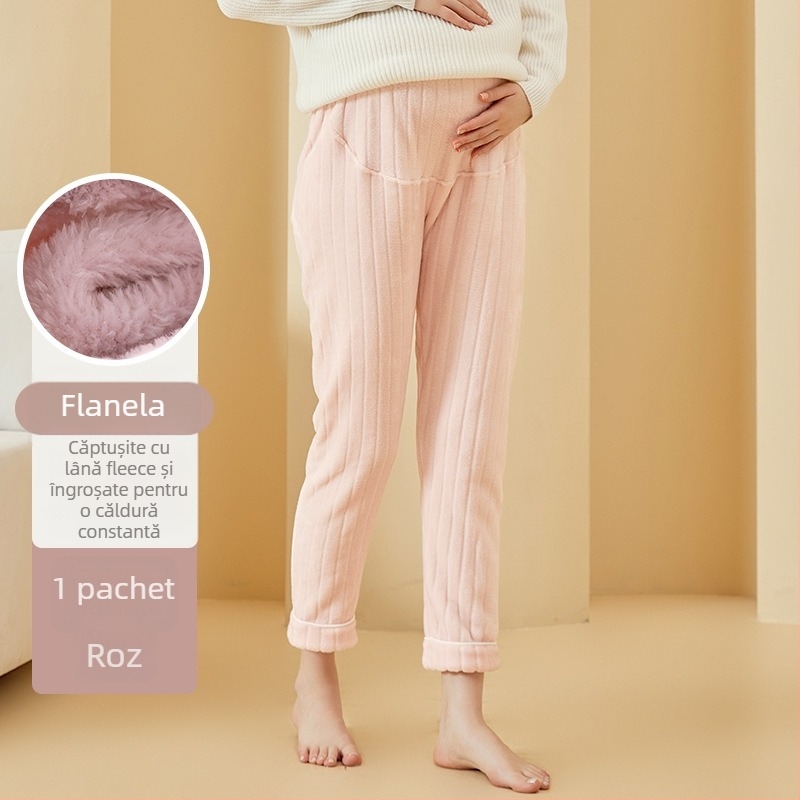 Pantaloni de maternitate cu căptușeală din fleece, flanel gros, talie reglabilă, confortabili pentru toamnă și iarnă, pentru uz casnic și în exterior