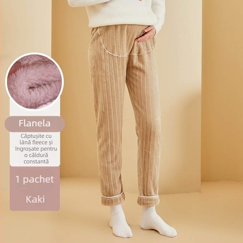 Pantaloni de maternitate cu căptușeală din fleece, flanel gros, talie reglabilă, confortabili pentru toamnă și iarnă, pentru uz casnic și în exterior