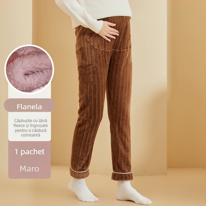 Pantaloni de maternitate cu căptușeală din fleece, flanel gros, talie reglabilă, confortabili pentru toamnă și iarnă, pentru uz casnic și în exterior