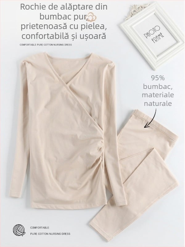Set pijamale maternitate toamnă–iarnă – bumbac 95%+, topuri de alăptare reglabile