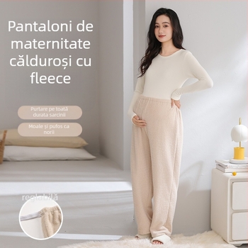 Pantaloni de maternitate pentru toamnă–iarna, cu căptușeală fleece, groși, lungi, croială lejeră, confortabili pentru burtă, potriviți pentru ținute de casă