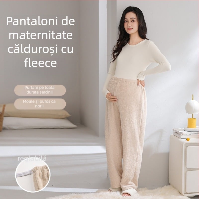 Pantaloni de maternitate pentru toamnă–iarna, cu căptușeală fleece, groși, lungi, croială lejeră, confortabili pentru burtă, potriviți pentru ținute de casă