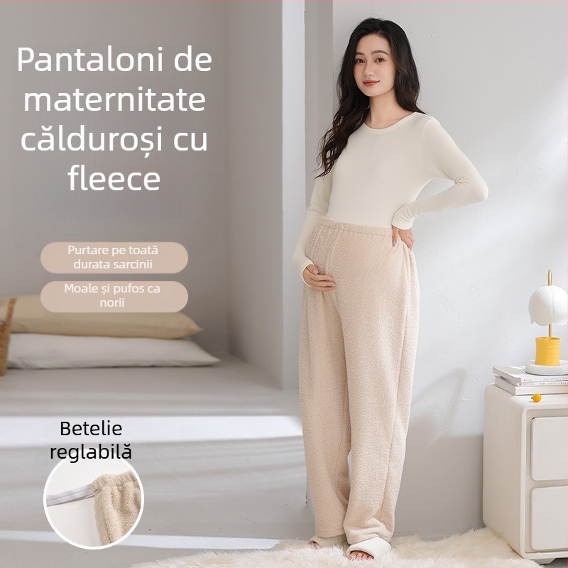 Pantaloni de maternitate pentru toamnă–iarna, cu căptușeală fleece, groși, lungi, croială lejeră, confortabili pentru burtă, potriviți pentru ținute de casă