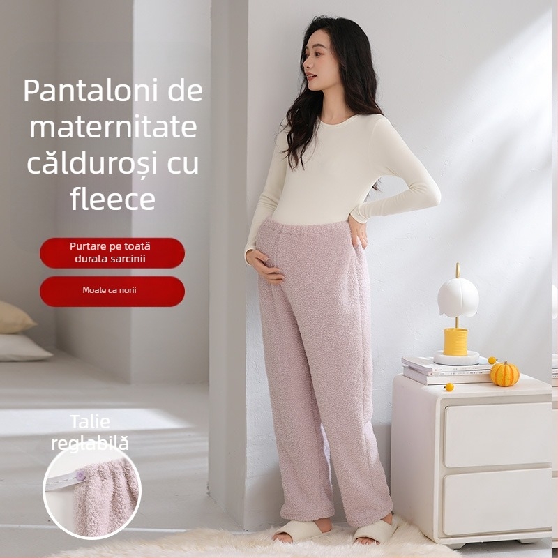 Pantaloni de maternitate pentru toamnă–iarna, cu căptușeală fleece, groși, lungi, croială lejeră, confortabili pentru burtă, potriviți pentru ținute de casă