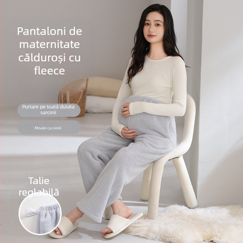 Pantaloni de maternitate pentru toamnă–iarna, cu căptușeală fleece, groși, lungi, croială lejeră, confortabili pentru burtă, potriviți pentru ținute de casă