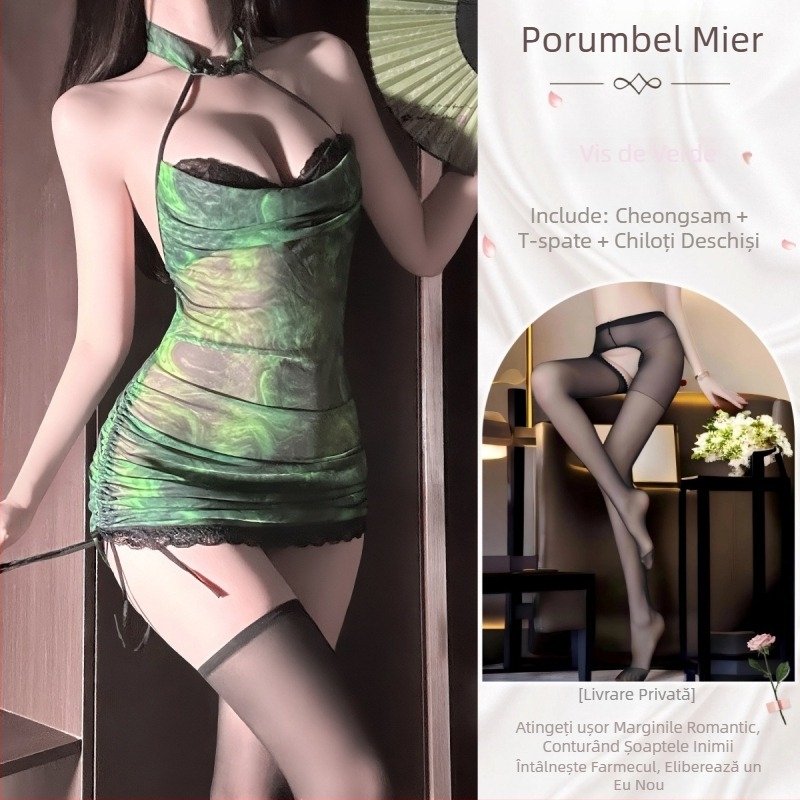 Set de lenjerie pentru jocuri de rol, inspirat de cheongsam, plasă transparentă, guler halter, croială strânsă pe șolduri, poliester