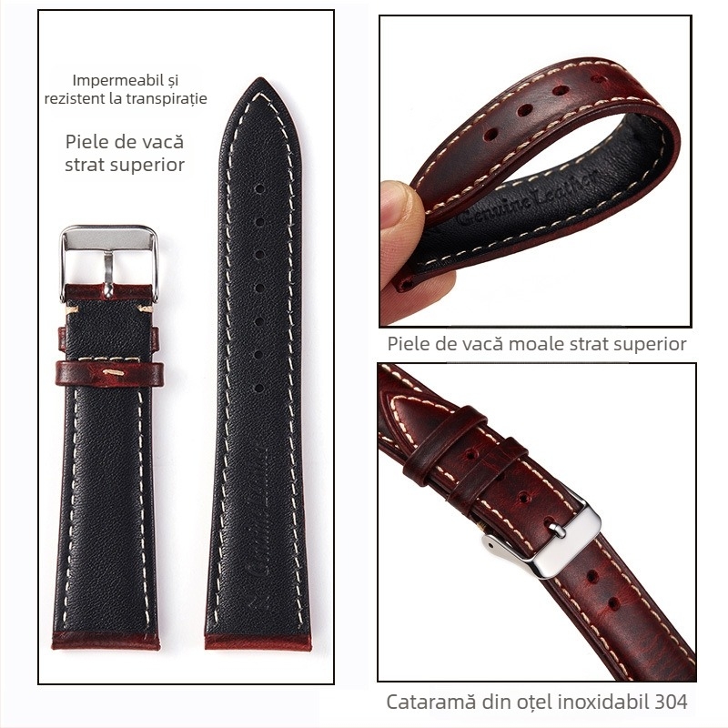 Brățară de ceas din piele naturală, piele de top-grain tratată cu ulei și ceară, luciu strălucitor, potrivire universală, stil retro, cataramă cu pin, lungime 120+75mm
