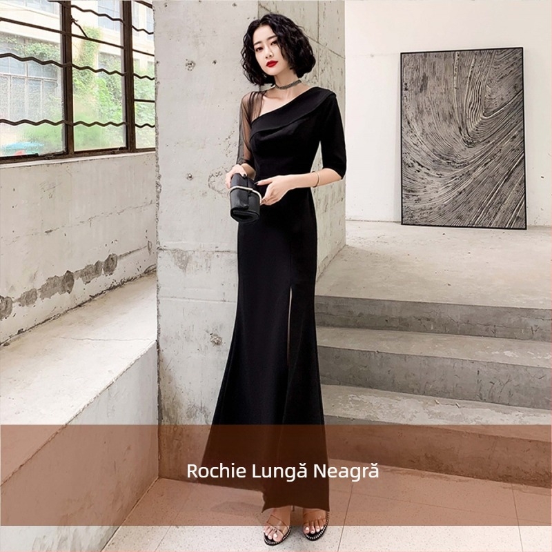 Rochie neagră de seară pentru femei, stil nou, elegantă pentru banchete, poate fi purtată și ca ținută casual, poliester de înaltă calitate, croială A-line, decolteu rotund cu bretele subțiri, mâneci 3/4