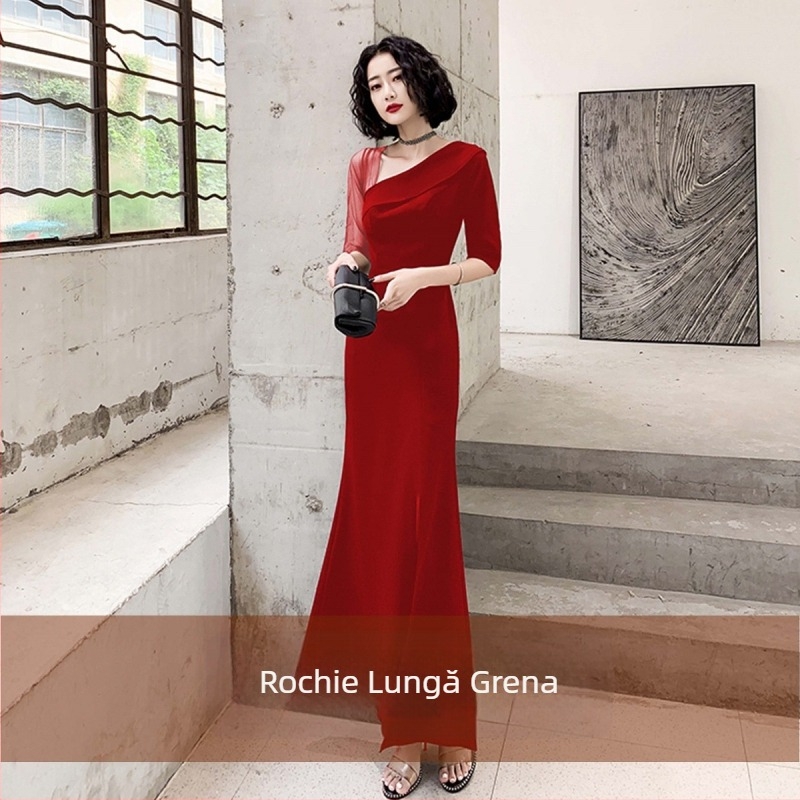 Rochie neagră de seară pentru femei, stil nou, elegantă pentru banchete, poate fi purtată și ca ținută casual, poliester de înaltă calitate, croială A-line, decolteu rotund cu bretele subțiri, mâneci 3/4