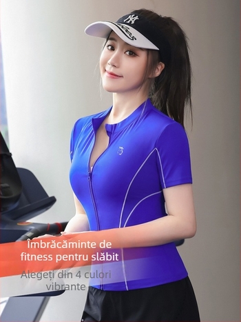 Top sport damă cu mânecă scurtă și fermoar — poliester uscare rapidă, croială Slim, potrivit pentru yoga și alergare