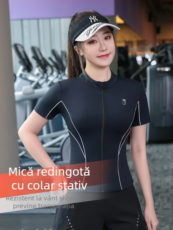 Top sport damă cu mânecă scurtă și fermoar — poliester uscare rapidă, croială Slim, potrivit pentru yoga și alergare