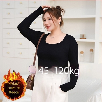 Tricou damă cu mânecă lungă din modal, textură periată, 2% spandex, guler pătrat, căptușeală interioară din fleece, stil casual japonezo-coreean, mărime plus
