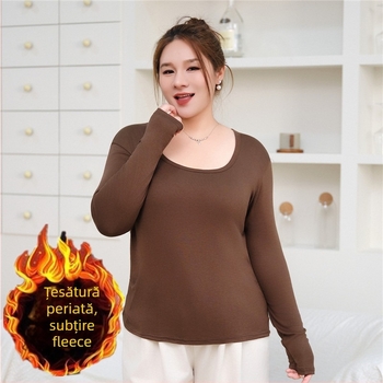 Tricou damă cu mânecă lungă din modal, textură periată, 2% spandex, guler pătrat, căptușeală interioară din fleece, stil casual japonezo-coreean, mărime plus