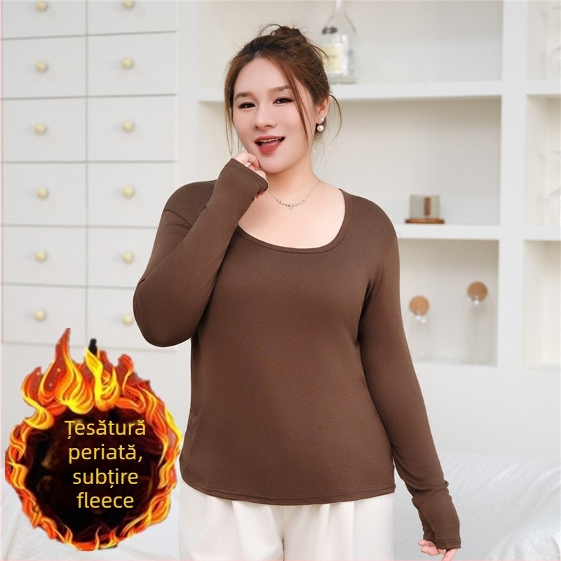 Tricou damă cu mânecă lungă din modal, textură periată, 2% spandex, guler pătrat, căptușeală interioară din fleece, stil casual japonezo-coreean, mărime plus