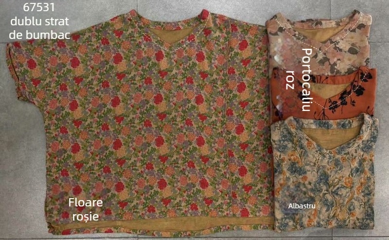 Tricou damă din bumbac, mâneci scurte, decolteu în V, croială lejeră, imprimeu cu flori rupte, stil artistic vintage