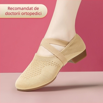 Pantofi de dans pentru femei, talpă moale, partea superioară Flyknit, fără șireturi, talpă din cauciuc, rezistent la uzură