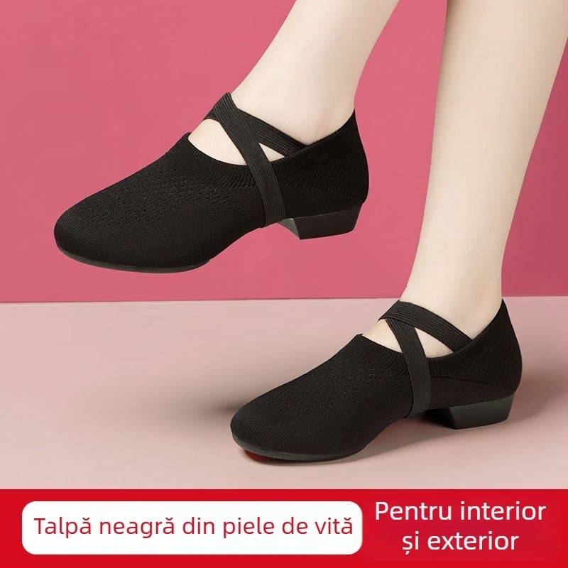 Pantofi de dans pentru femei, talpă moale, partea superioară Flyknit, fără șireturi, talpă din cauciuc, rezistent la uzură