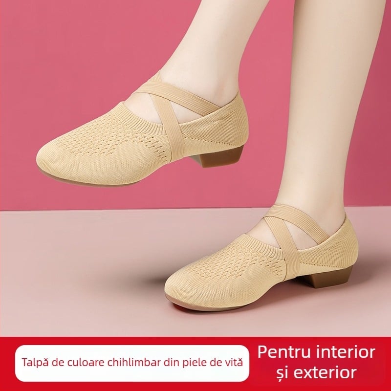 Pantofi de dans pentru femei, talpă moale, partea superioară Flyknit, fără șireturi, talpă din cauciuc, rezistent la uzură