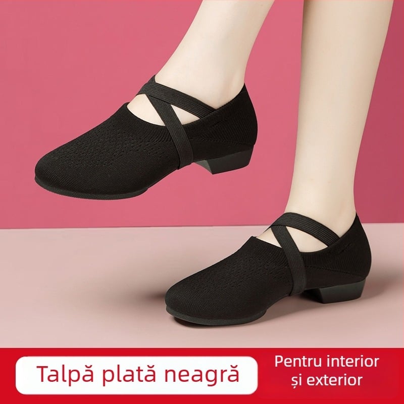 Pantofi de dans pentru femei, talpă moale, partea superioară Flyknit, fără șireturi, talpă din cauciuc, rezistent la uzură