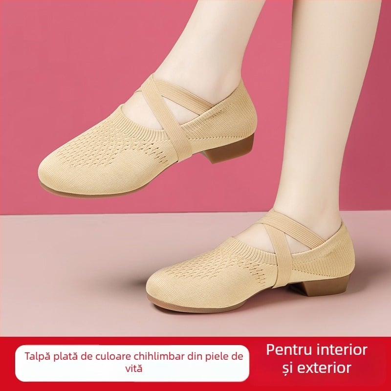 Pantofi de dans pentru femei, talpă moale, partea superioară Flyknit, fără șireturi, talpă din cauciuc, rezistent la uzură