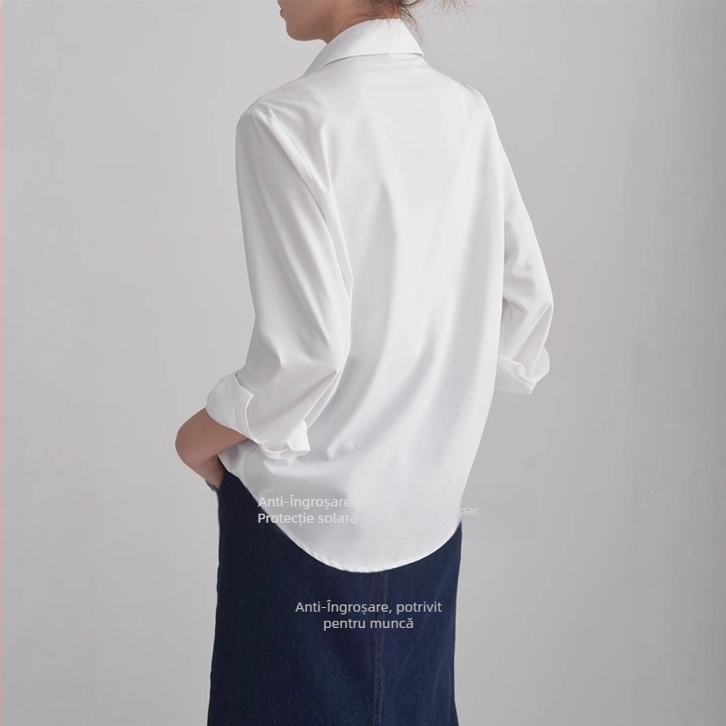Cămașă de damă cu mânecă lungă, din amestec bumbac-lin, culoare uni, guler polo, croială dreaptă, nasturi pe față, stil business casual, lungime 50–65 cm