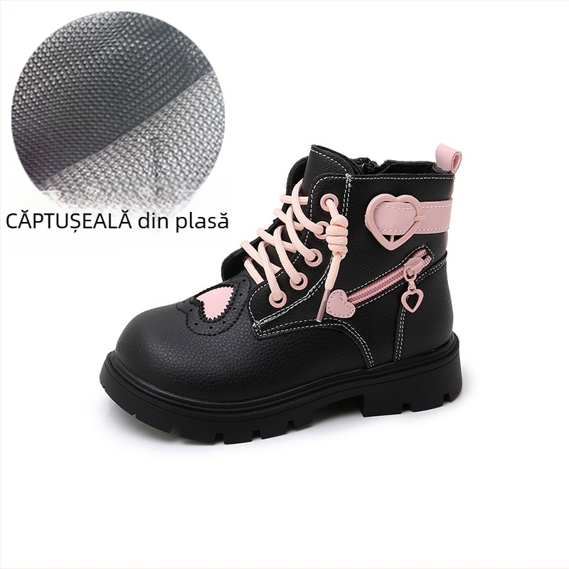 Bocanci Martin pentru copii, partea superioară din piele artificială, talpă din cauciuc, fermoar lateral, branț din lână artificială, impermeabili