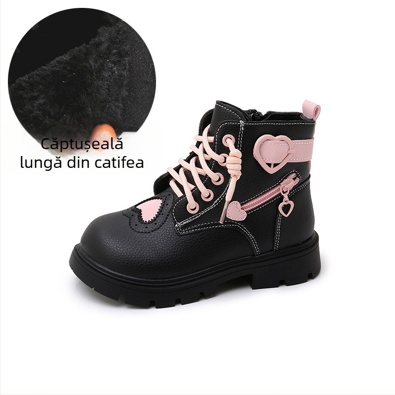 Bocanci Martin pentru copii, partea superioară din piele artificială, talpă din cauciuc, fermoar lateral, branț din lână artificială, impermeabili