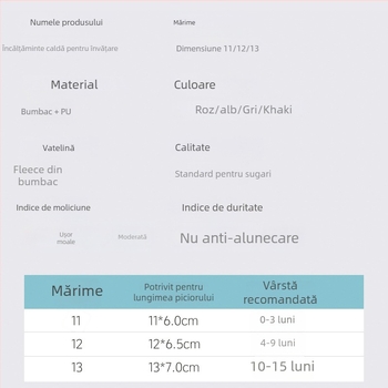 Pantofi de mers pentru copii 1–3 ani, închidere Velcro, talpă moale PU, căptușeală fleece călduroasă, antiderapant pentru iarnă