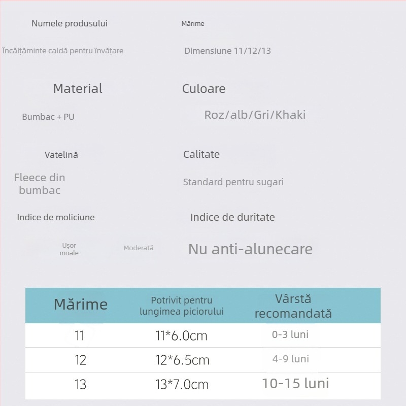 Pantofi de mers pentru copii 1–3 ani, închidere Velcro, talpă moale PU, căptușeală fleece călduroasă, antiderapant pentru iarnă