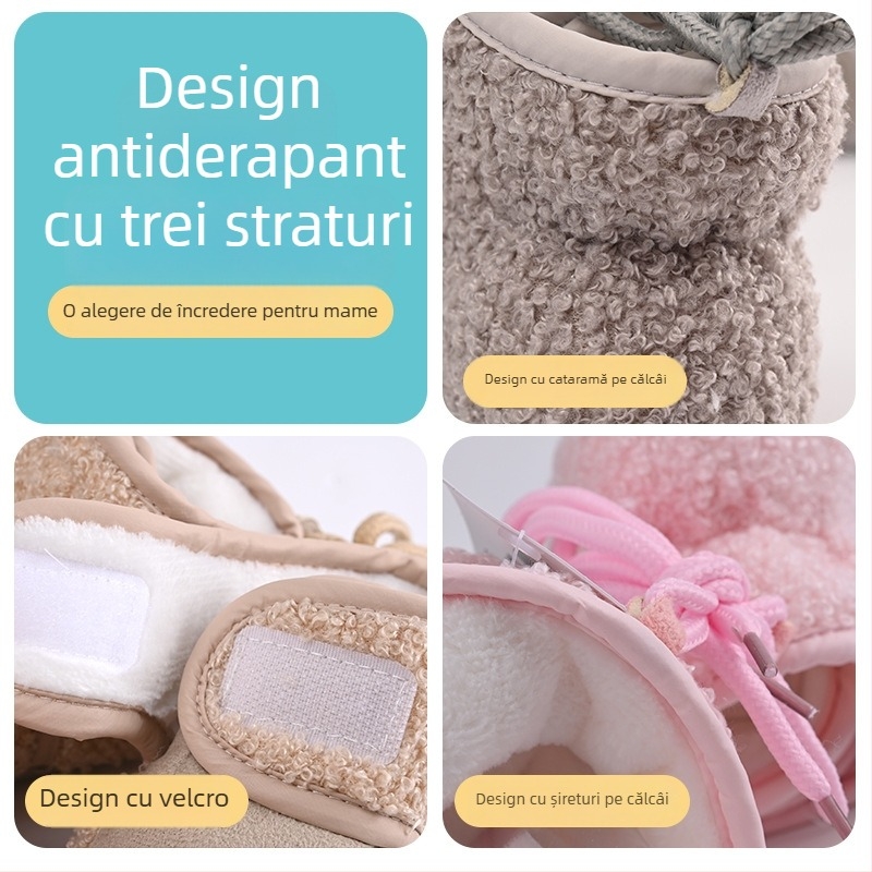 Pantofi de mers pentru copii 1–3 ani, închidere Velcro, talpă moale PU, căptușeală fleece călduroasă, antiderapant pentru iarnă